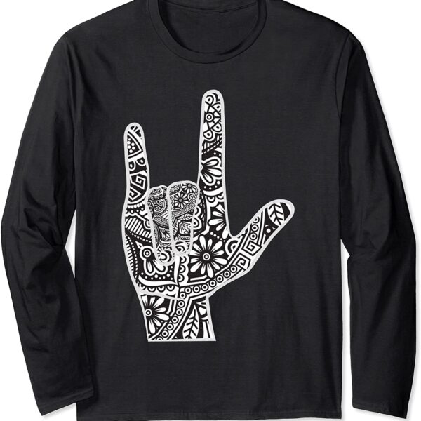 ASL I Love You Hand Sign Language with Zen Mandala Hippie Long Sleeve T-Shirt