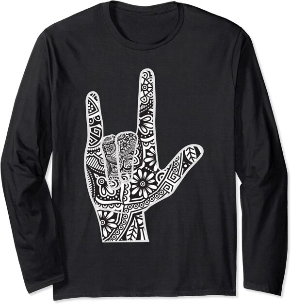 ASL I Love You Hand Sign Language with Zen Mandala Hippie Long Sleeve T-Shirt