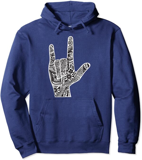 ASL I Love You Hand Sign Language with Zen Mandala Hippie Pullover Hoodie