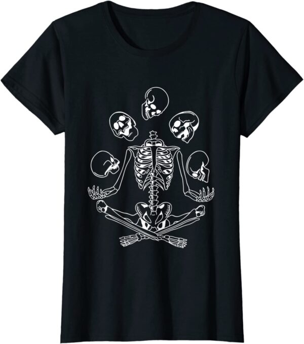 Meditating Skeleton Yoga Tossing Skulls Funny Halloween T-Shirt