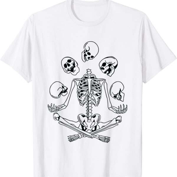 Meditating Skeleton Yoga Tossing Skulls Funny Halloween T-Shirt