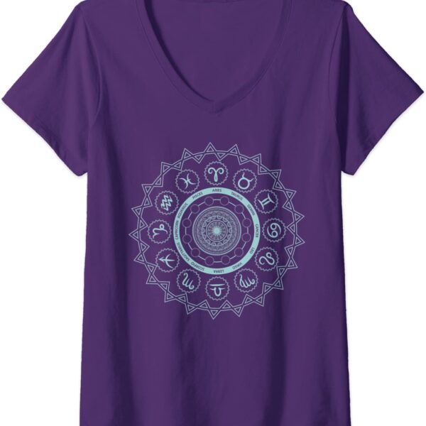 Womens 12 Horoscope Sign Zodiac Astrology Zen Spiritual Mandala V-Neck T-Shirt