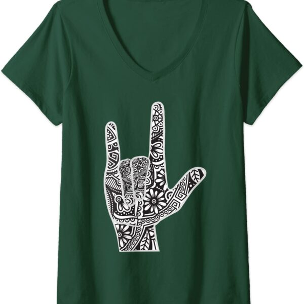 Womens ASL I Love You Hand Sign Language with Zen Mandala Hippie V-Neck T-Shirt