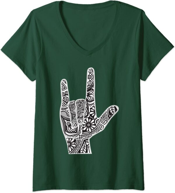 Womens ASL I Love You Hand Sign Language with Zen Mandala Hippie V-Neck T-Shirt