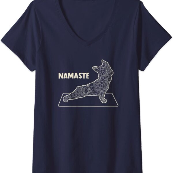 Womens Bulldog Yoga Namaste Zen Mandala Cute Up Dog Yoga V-Neck T-Shirt-productor-mockup