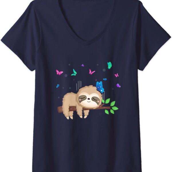 Womens Sloth and Butterflies Cute Wildlife Nature Lovers Gift V-Neck T-ShirtWomens Sloth and Butterflies Cute Wildlife Nature Lovers Gift V-Neck T-Shirt