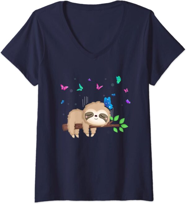 Womens Sloth and Butterflies Cute Wildlife Nature Lovers Gift V-Neck T-ShirtWomens Sloth and Butterflies Cute Wildlife Nature Lovers Gift V-Neck T-Shirt