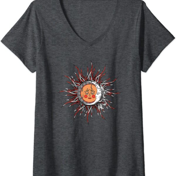 Womens Sun and Moon Vintage Hand Sketch Zen Ornate V-Neck T-Shirt