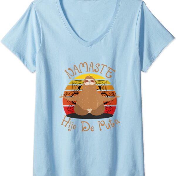 Womens Vintage Hippies Sloth Namaste Hijo de Puta Yoga Meditation V-Neck T-Shirt