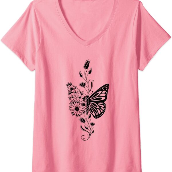 Womens Zen Butterfly Flower Mandala Hippie Meditation V-Neck T-Shirt