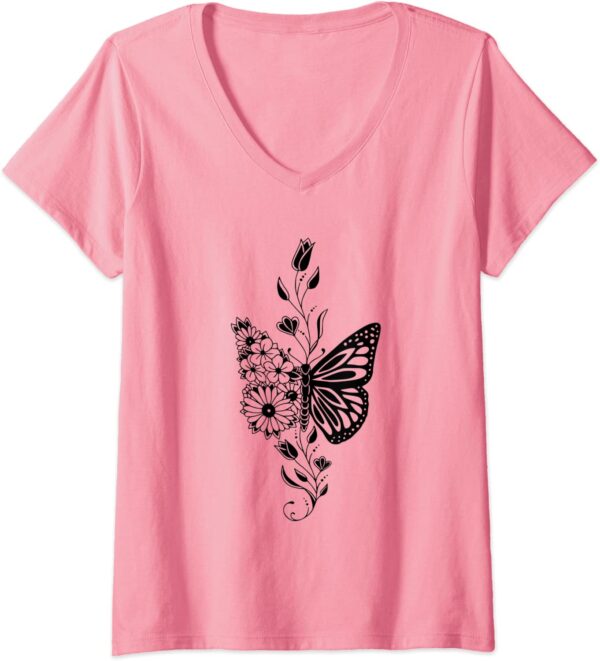 Womens Zen Butterfly Flower Mandala Hippie Meditation V-Neck T-Shirt