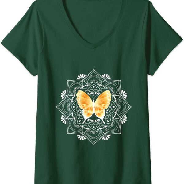 Womens Zen Butterfly Lotus Flower Mandala Hippie Meditation V-Neck T-Shirt