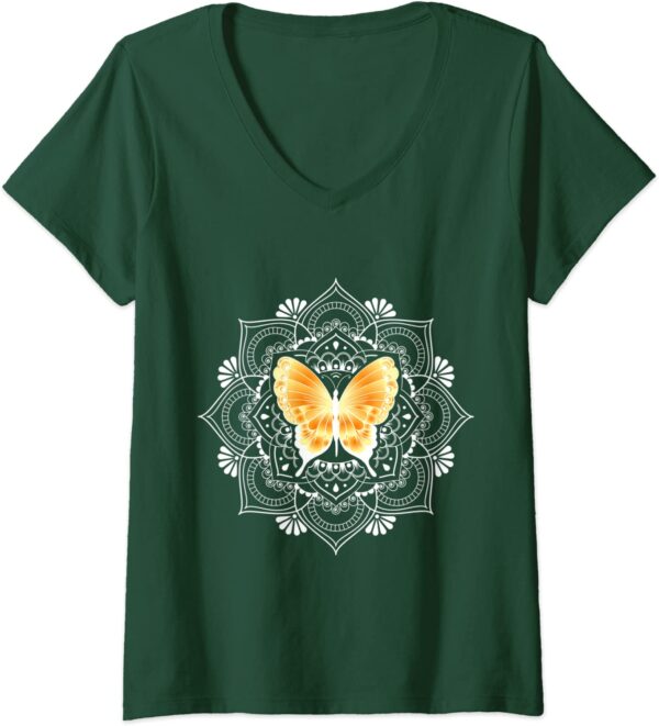 Womens Zen Butterfly Lotus Flower Mandala Hippie Meditation V-Neck T-Shirt