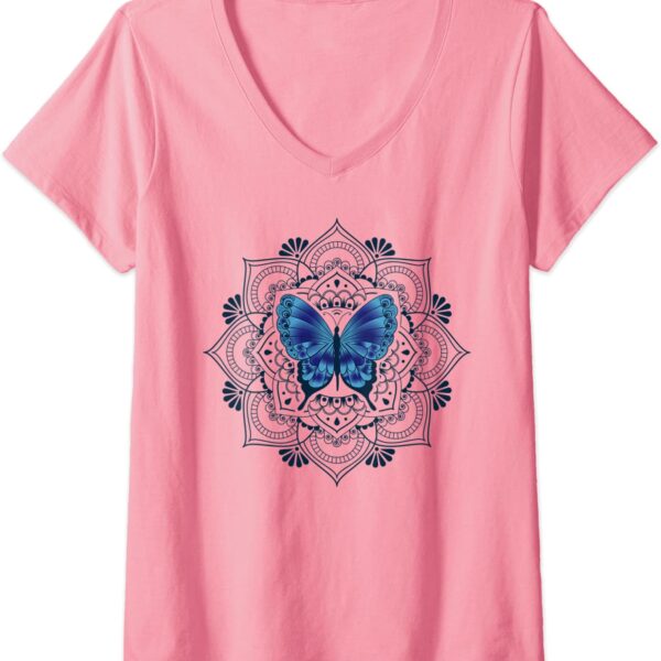 Womens Zen Butterfly Lotus Flower Mandala Hippie Meditation V-Neck T-Shirt