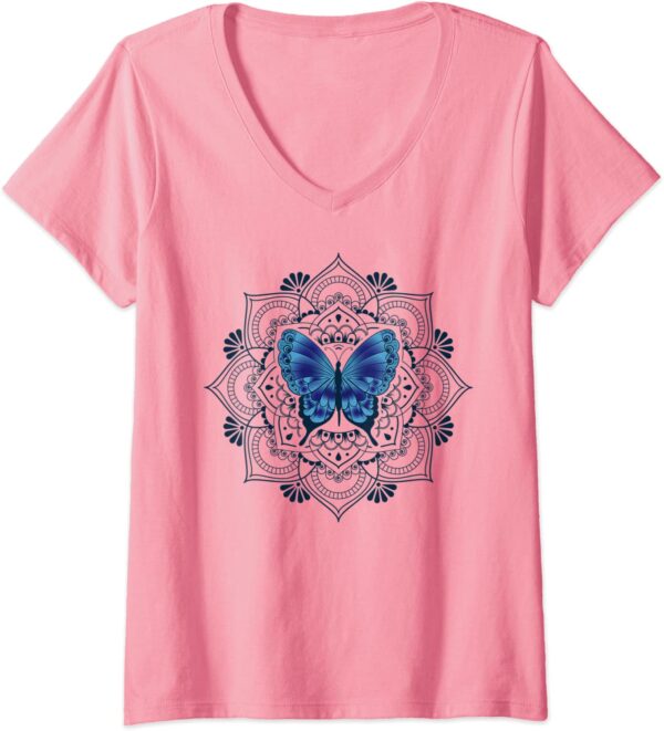 Womens Zen Butterfly Lotus Flower Mandala Hippie Meditation V-Neck T-Shirt