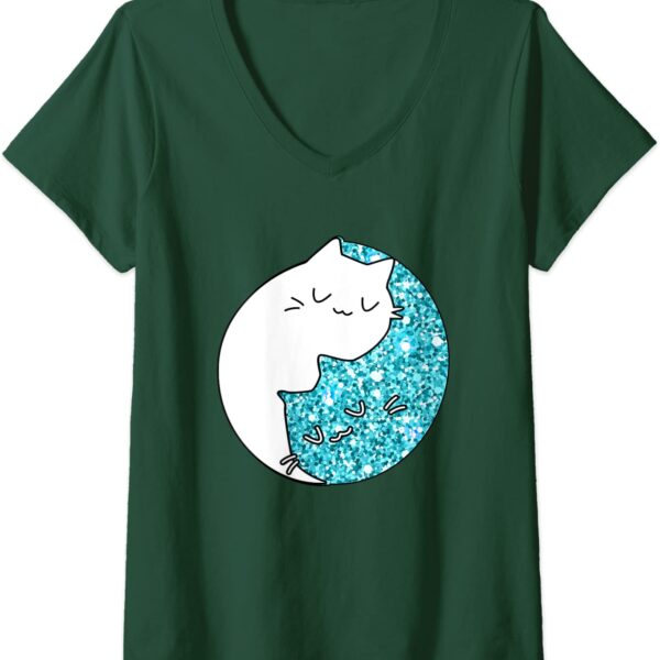 Womens Zen Chinese Astrology Yin Yang Cat Teal Sparkle Spiritual V-Neck T-Shirt