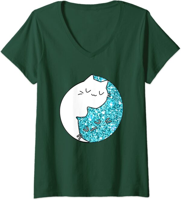 Womens Zen Chinese Astrology Yin Yang Cat Teal Sparkle Spiritual V-Neck T-Shirt