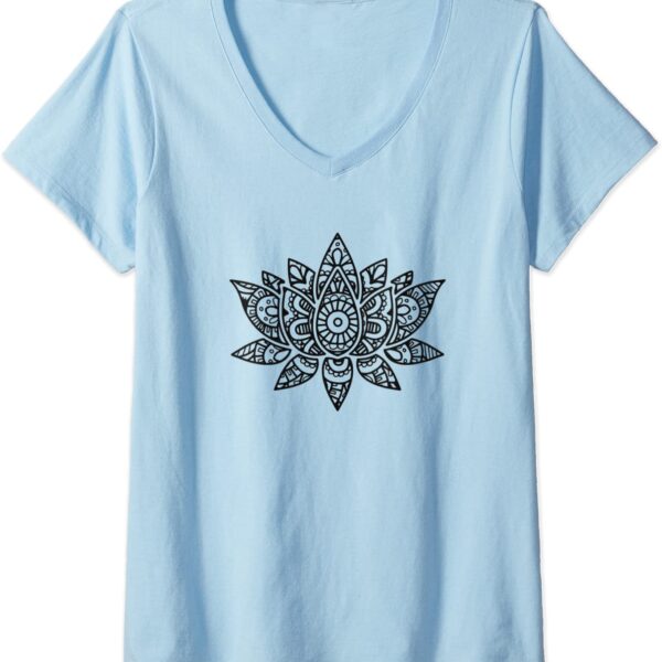 Womens Zen Lotus Flower Mandala Sacred Yoga Hand Sketch V-Neck T-Shirt