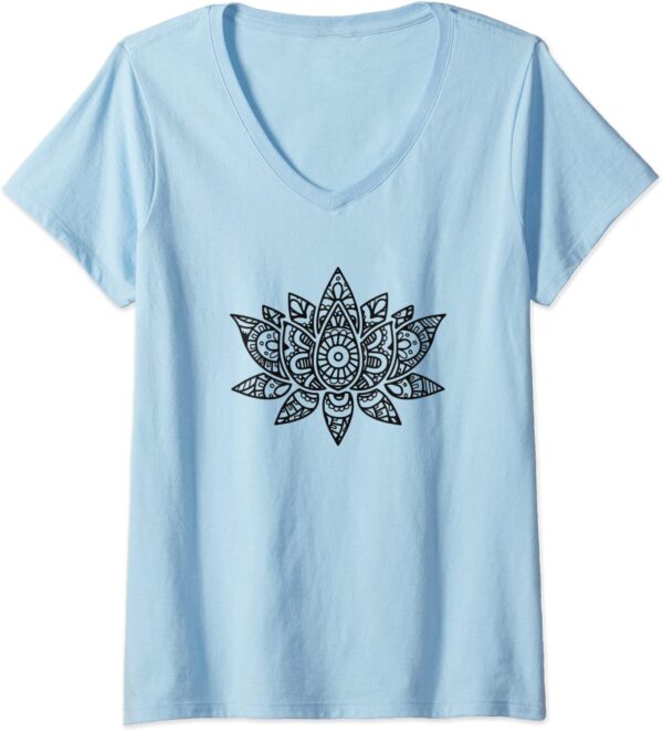 Womens Zen Lotus Flower Mandala Sacred Yoga Hand Sketch V-Neck T-Shirt