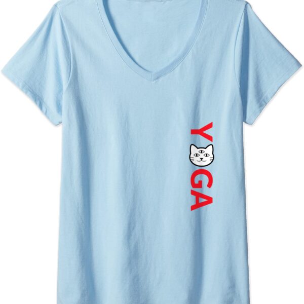Womens Zen & Cute Love Yoga with Three-Eye Cat Third Eye Chakra V-Neck T-Shirt
