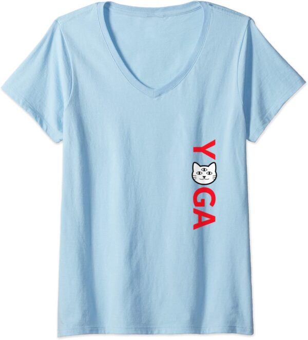 Womens Zen & Cute Love Yoga with Three-Eye Cat Third Eye Chakra V-Neck T-Shirt