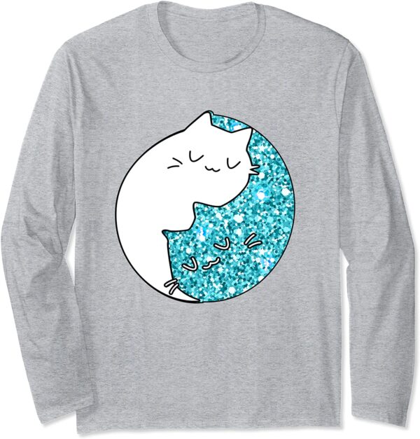 Zen Chinese Astrology Yin Yang Cat Teal Sparkle Spiritual Long Sleeve T-Shirt