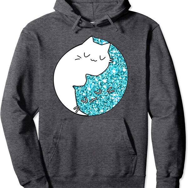 Zen Chinese Astrology Yin Yang Cat Teal Sparkle Spiritual Pullover Hoodie