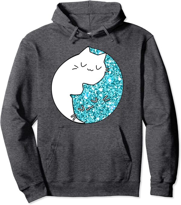 Zen Chinese Astrology Yin Yang Cat Teal Sparkle Spiritual Pullover Hoodie