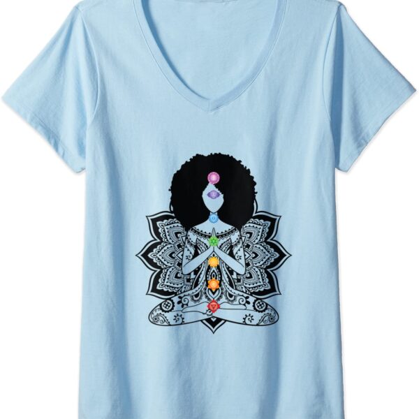 Womens Afro Black Girl Yoga Zen Mandala Seven Chakra Meditation V-Neck T-Shirt