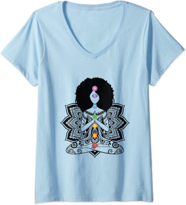 Womens Afro Black Girl Yoga Zen Mandala Seven Chakra Meditation V-Neck T-Shirt