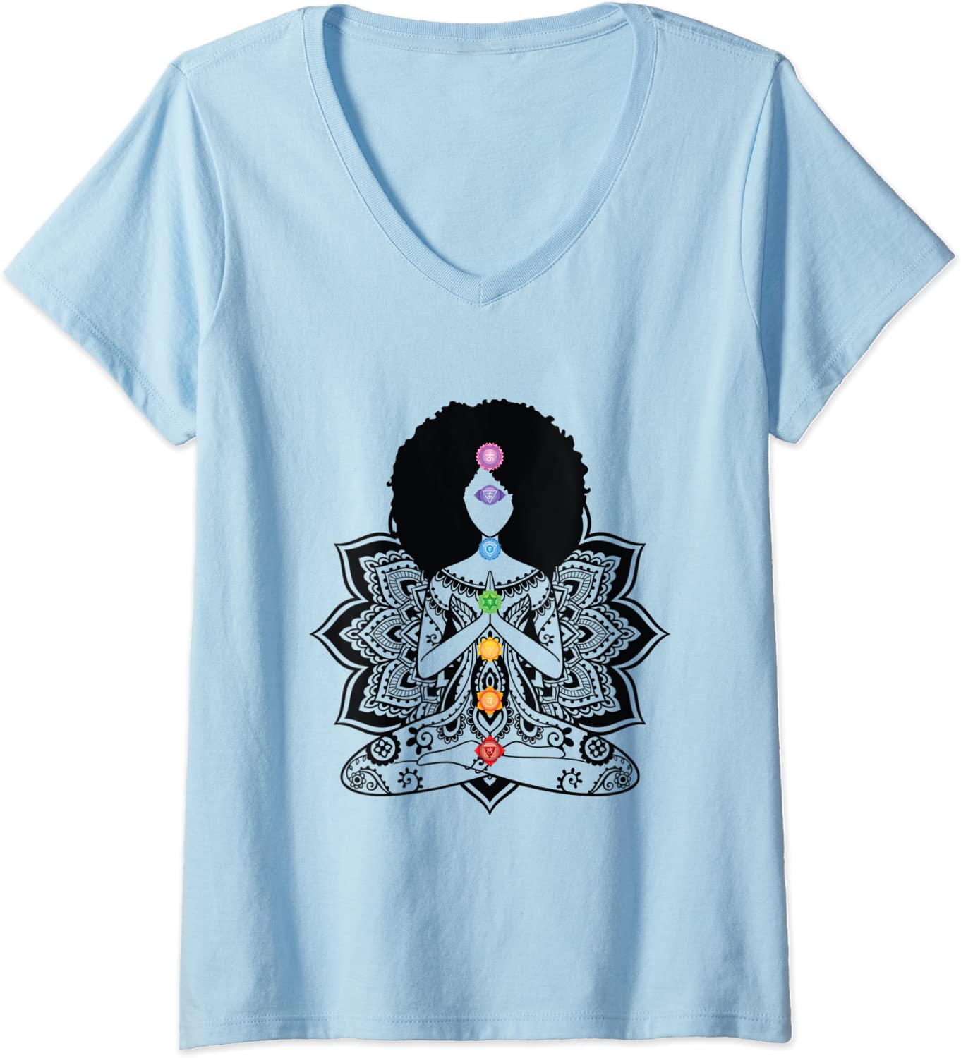 Womens Afro Black Girl Yoga Zen Mandala Seven Chakra Meditation V-Neck  T-Shirt - Yogi Republic