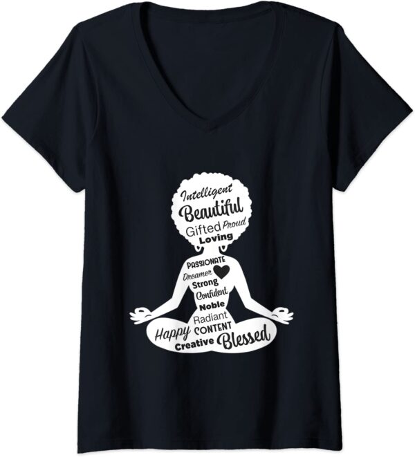 Womens Afro Hair Black Girl Yoga Meditating Positivity Inclusivity V-Neck T-Shirt