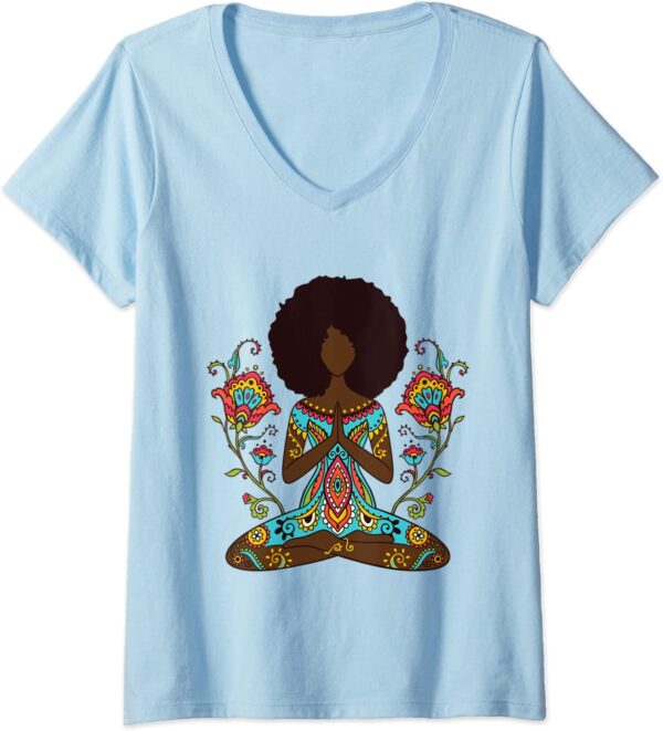 Womens Afro Hair Black Girl Yoga Zen Mandala Meditation V-Neck T-Shirt