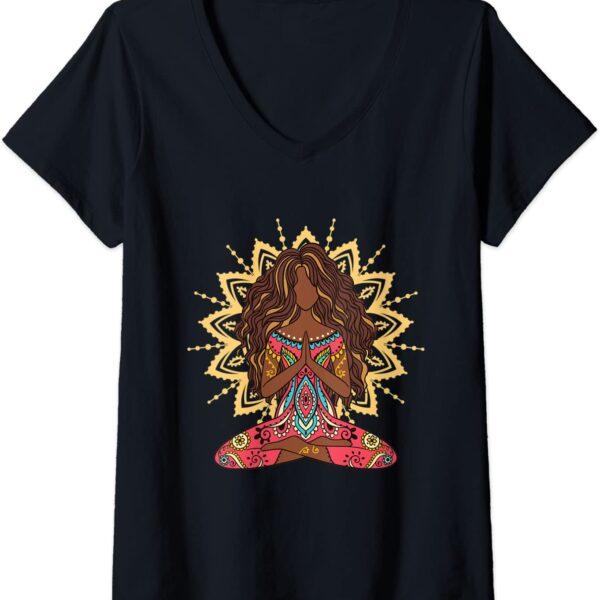 Womens Afro Hair Black Girl Yoga Zen Mandala Meditation V-Neck T-Shirt