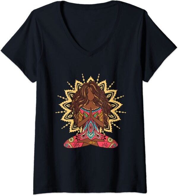 Womens Afro Hair Black Girl Yoga Zen Mandala Meditation V-Neck T-Shirt