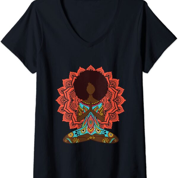 Womens Afro Hair Black Girl Yoga Zen Mandala Meditation V-Neck T-Shirt