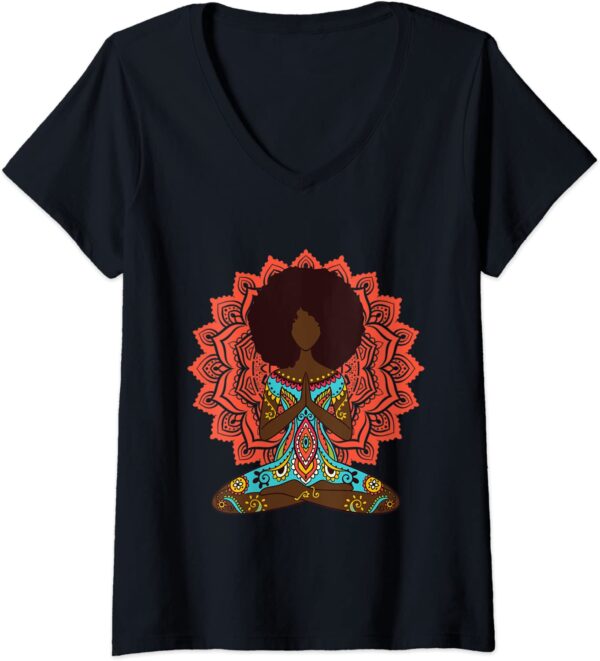 Womens Afro Hair Black Girl Yoga Zen Mandala Meditation V-Neck T-Shirt