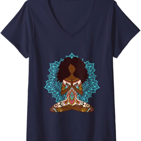 Womens Afro Hair Black Girl Yoga Zen Mandala Meditation V-Neck T-Shirt