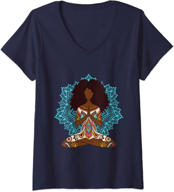 Womens Afro Hair Black Girl Yoga Zen Mandala Meditation V-Neck T-Shirt