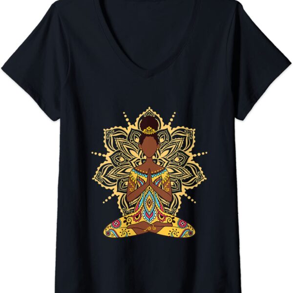 Womens Afro Hair Black Girl Yoga Zen Mandala Meditation V-Neck T-Shirt