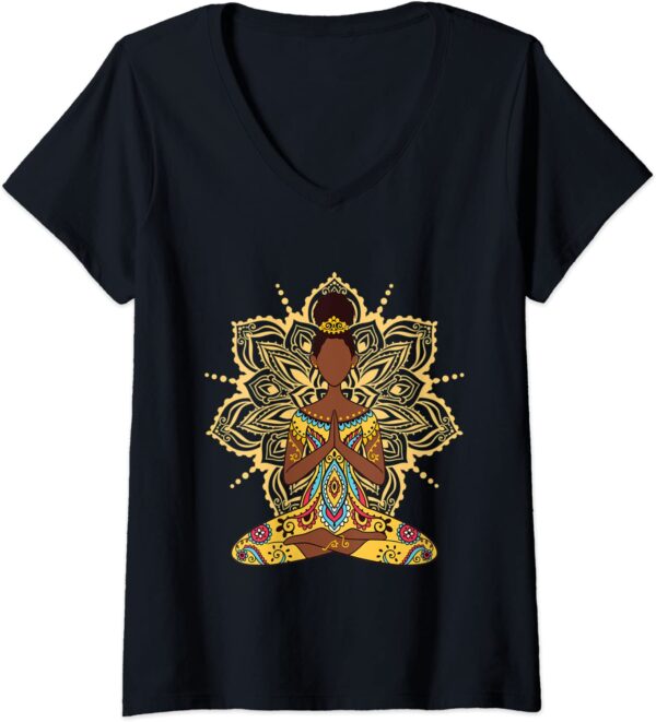 Womens Afro Hair Black Girl Yoga Zen Mandala Meditation V-Neck T-Shirt