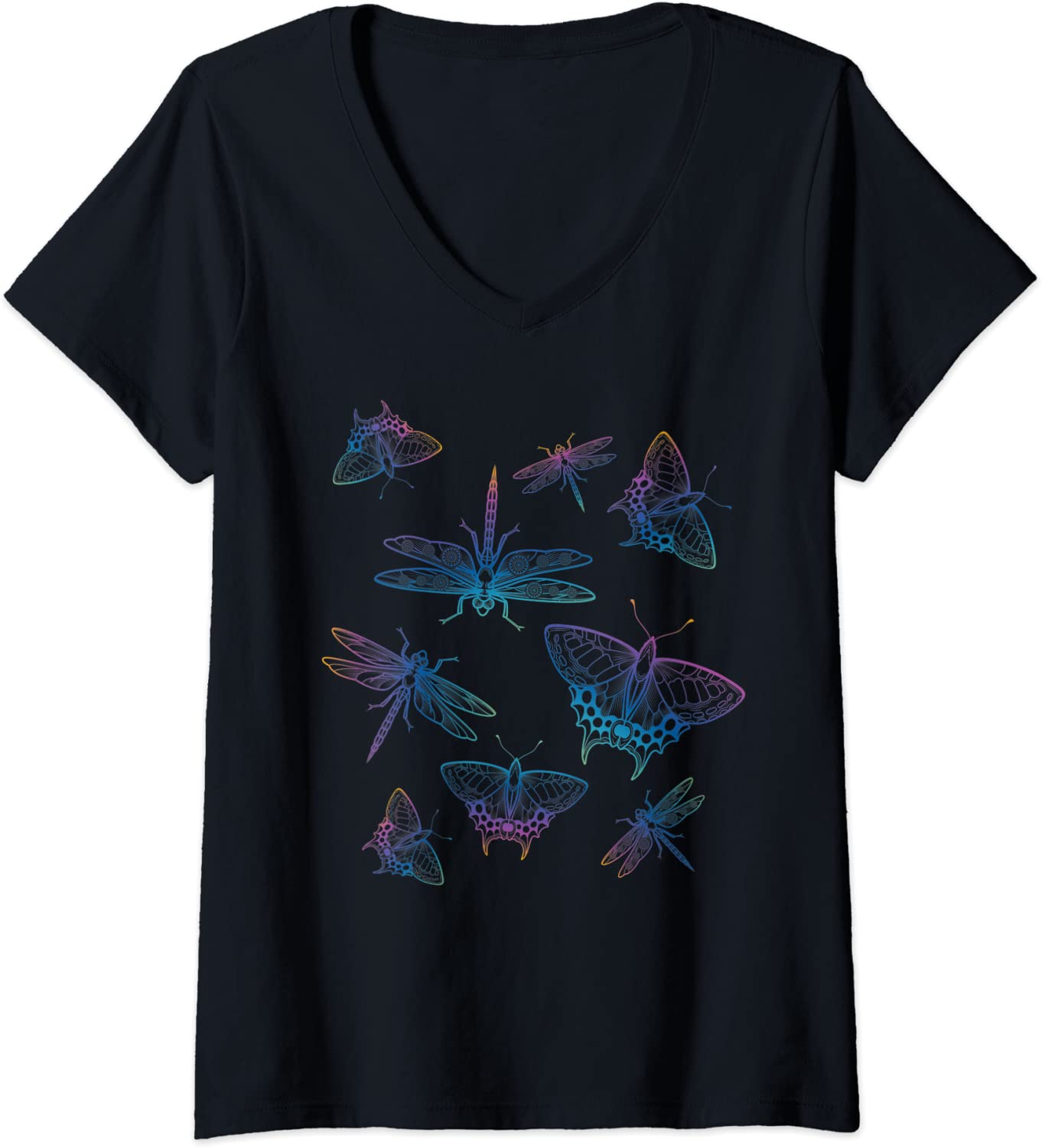 Womens Dragonflies Butterflies Colorful Mandala Zen Insects Hippie V-Neck T-Shirt