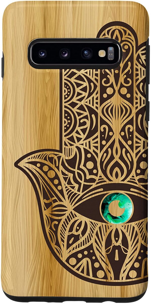 Galaxy S10 Hamsa Hand of Fatima Evil Eye Mandala Wood Engraved Pattern Case