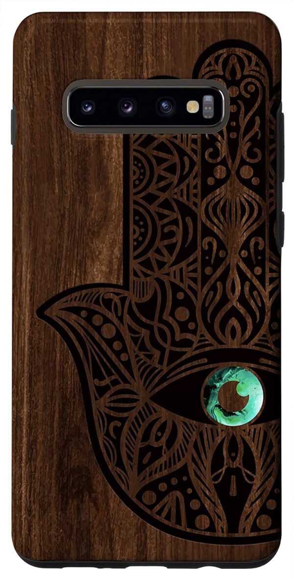 Galaxy S10+ Hamsa Hand of Fatima Evil Eye Mandala Wood Engraved Pattern Case