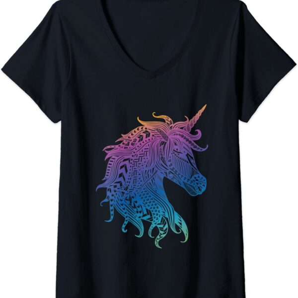 Womens Unicorn Mandala Magical Zen Spiritual Meditative V-Neck T-Shirt