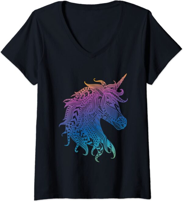 Womens Unicorn Mandala Magical Zen Spiritual Meditative V-Neck T-Shirt