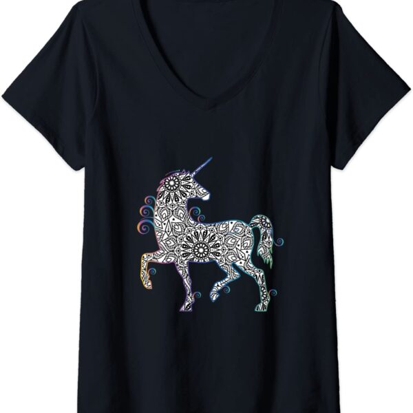 Womens Unicorn Mandala Magical Zen Spiritual Meditative V-Neck T-Shirt