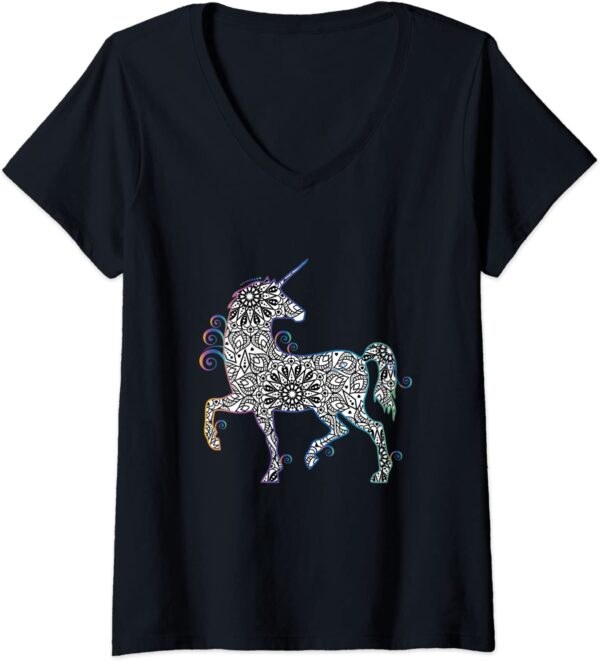 Womens Unicorn Mandala Magical Zen Spiritual Meditative V-Neck T-Shirt