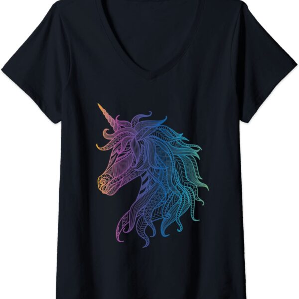 Womens Unicorn Mandala Magical Zen Spiritual Meditative V-Neck T-Shirt