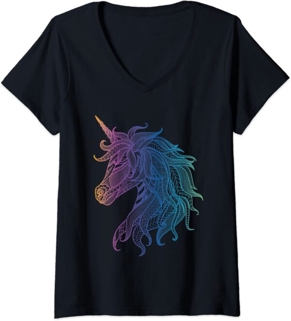 Womens Unicorn Mandala Magical Zen Spiritual Meditative V-Neck T-Shirt